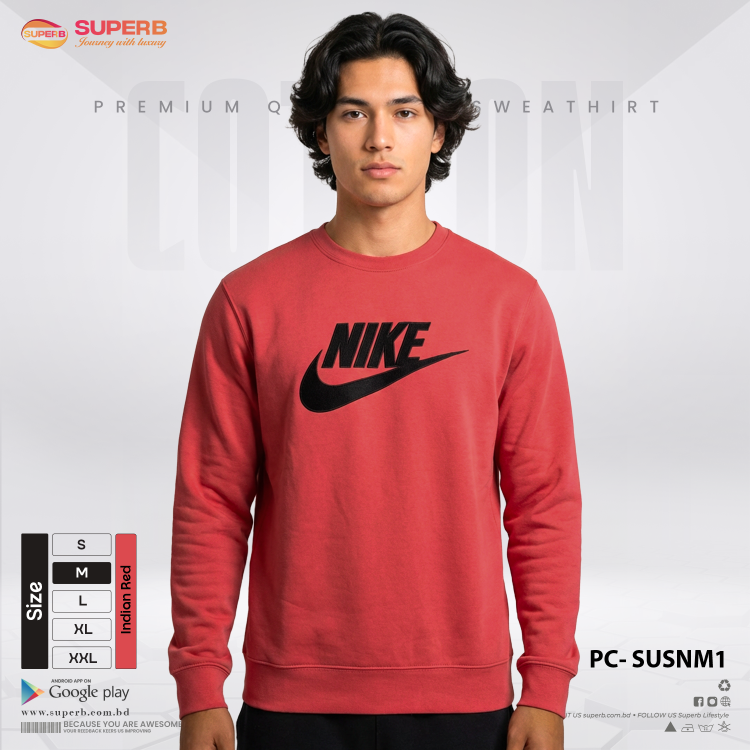 Nike Premium Heavy Cotton Sweatshirt | 350+ GSM Inner Brusho Fabric | Unisex Winter Wear - Indian Red