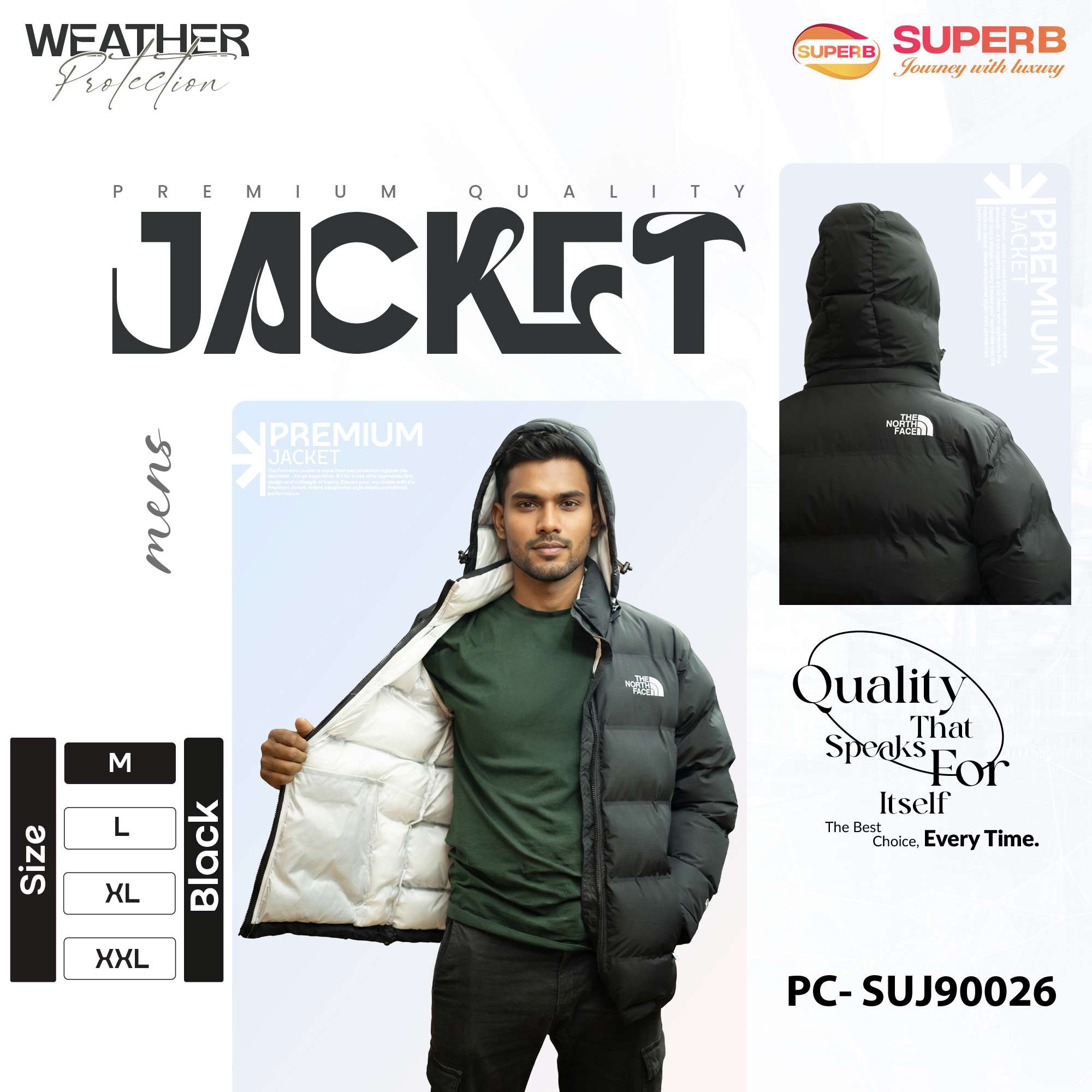 TNF 900 Series Premium Winter Puffer Jacket for Men – Lightweight Warm Hooded Jacket || SUJ90026 - Black