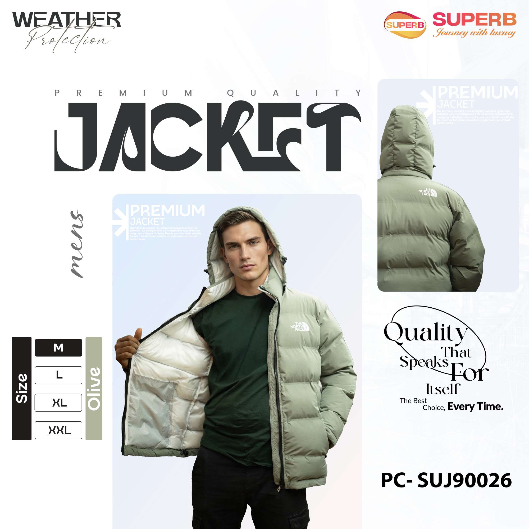 TNF 900 Series Premium Winter Puffer Jacket for Men – Lightweight Warm Hooded Jacket || SUJ90026 - Olive
