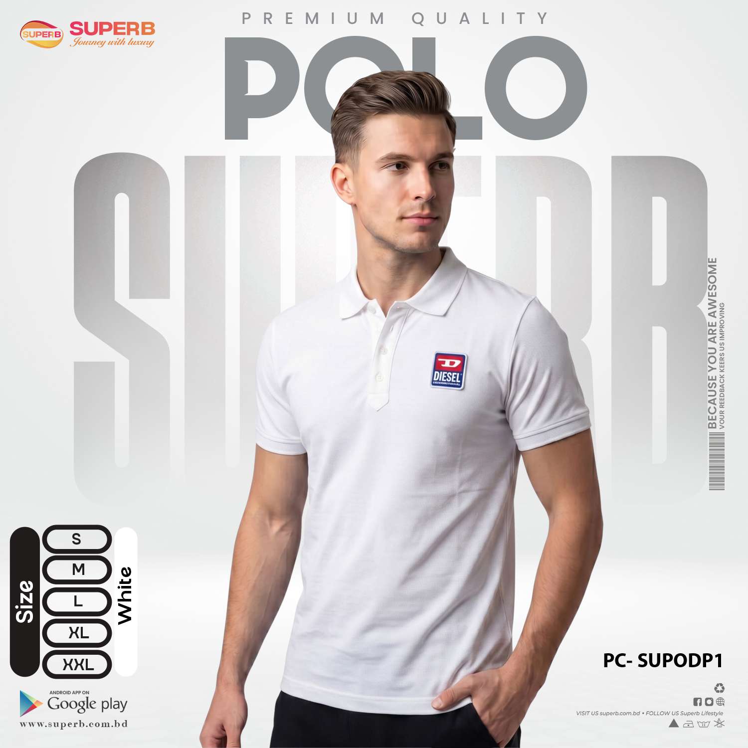 Diesel Premium Polo T-Shirt | 100% Cotton || SUPODP1 - White