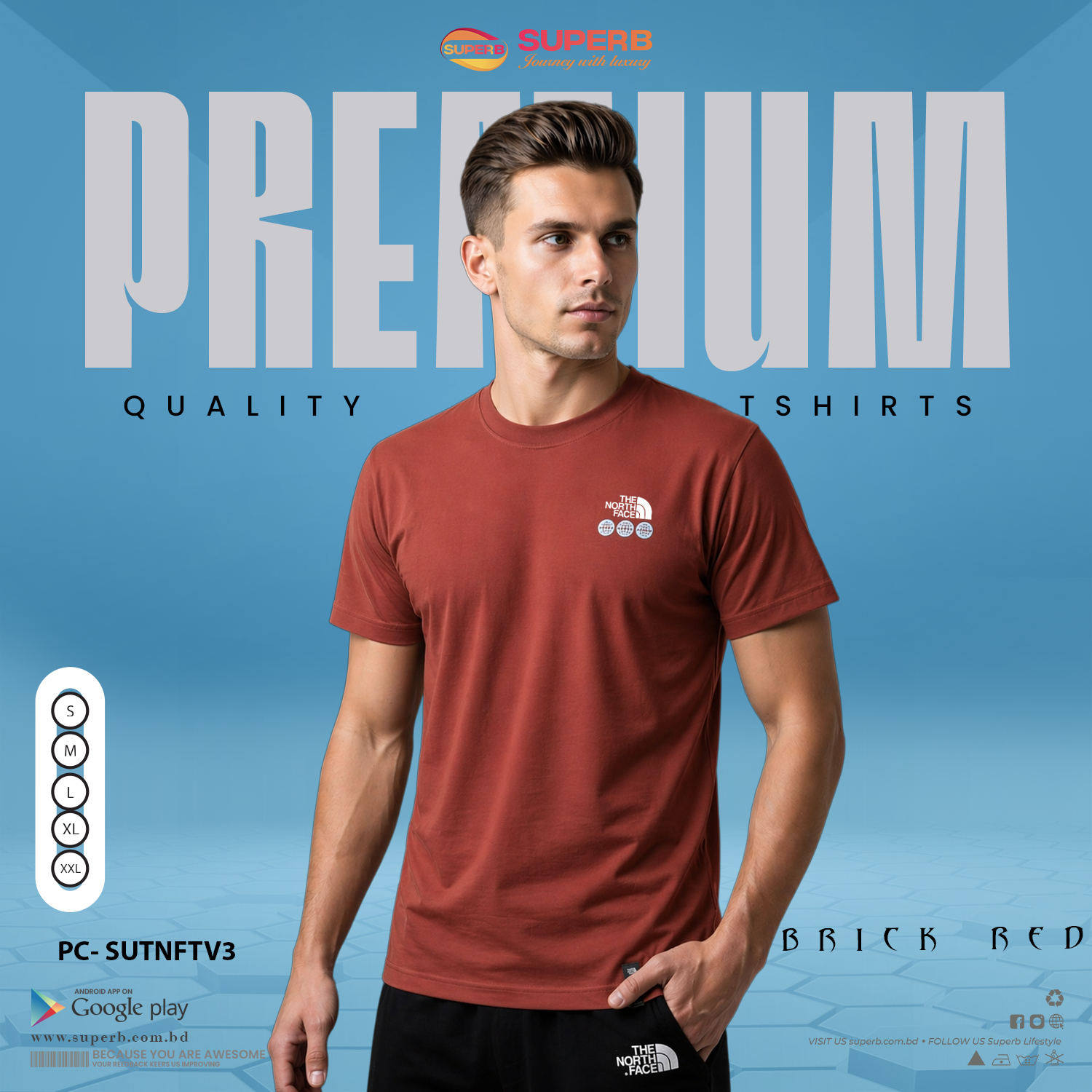 The North Face Premium Black Crew Neck T-Shirt for Men - brick red