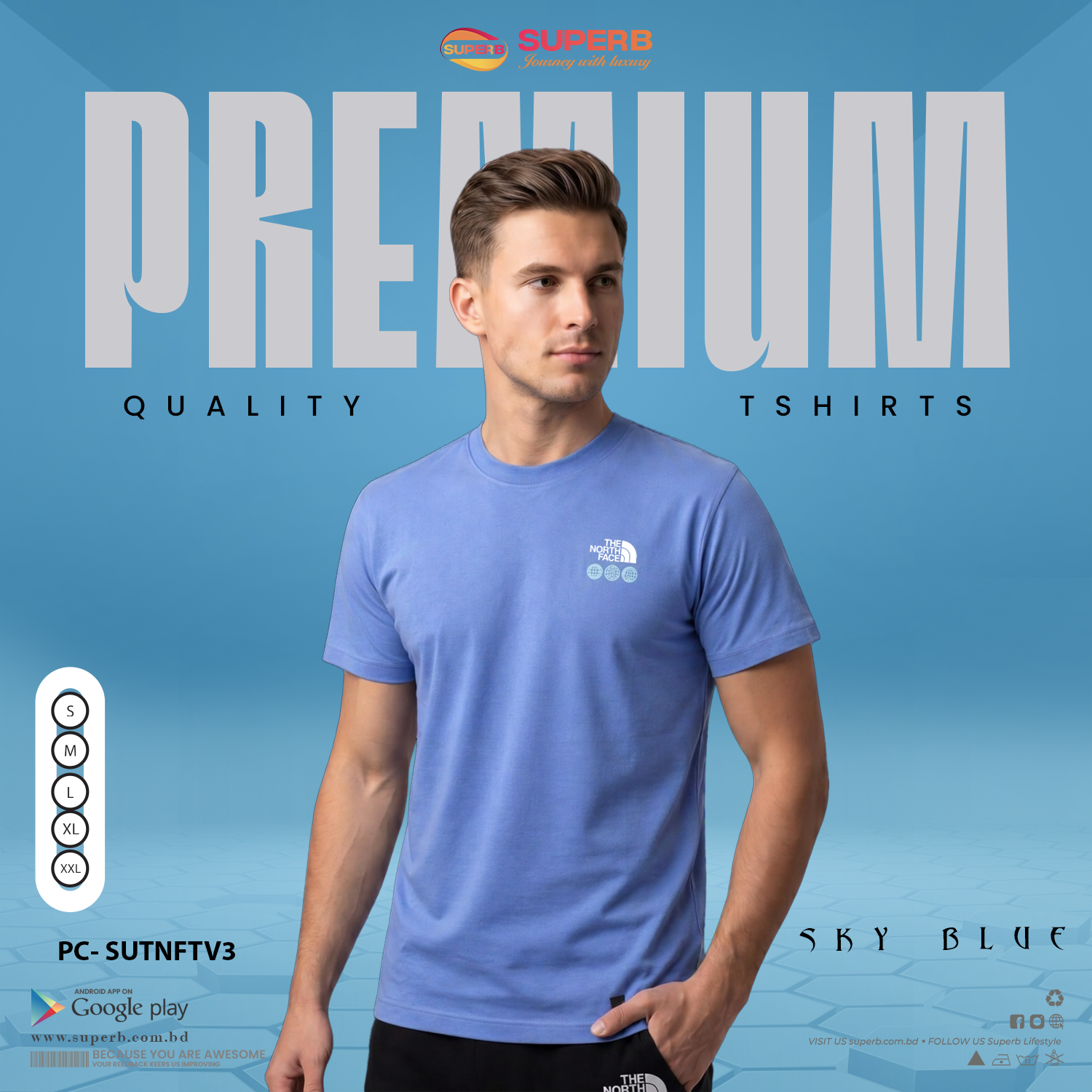 The North Face Premium Black Crew Neck T-Shirt for Men - Sky Blue