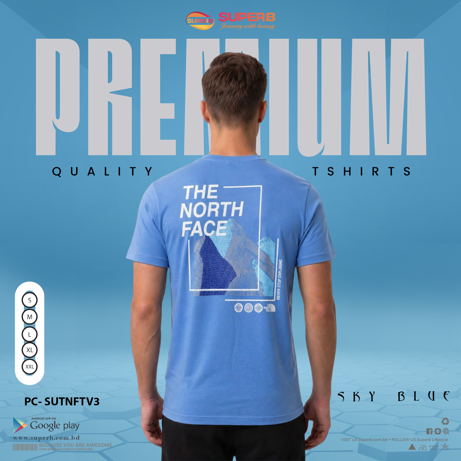 The North Face Premium Black Crew Neck T-Shirt for Men - Sky Blue