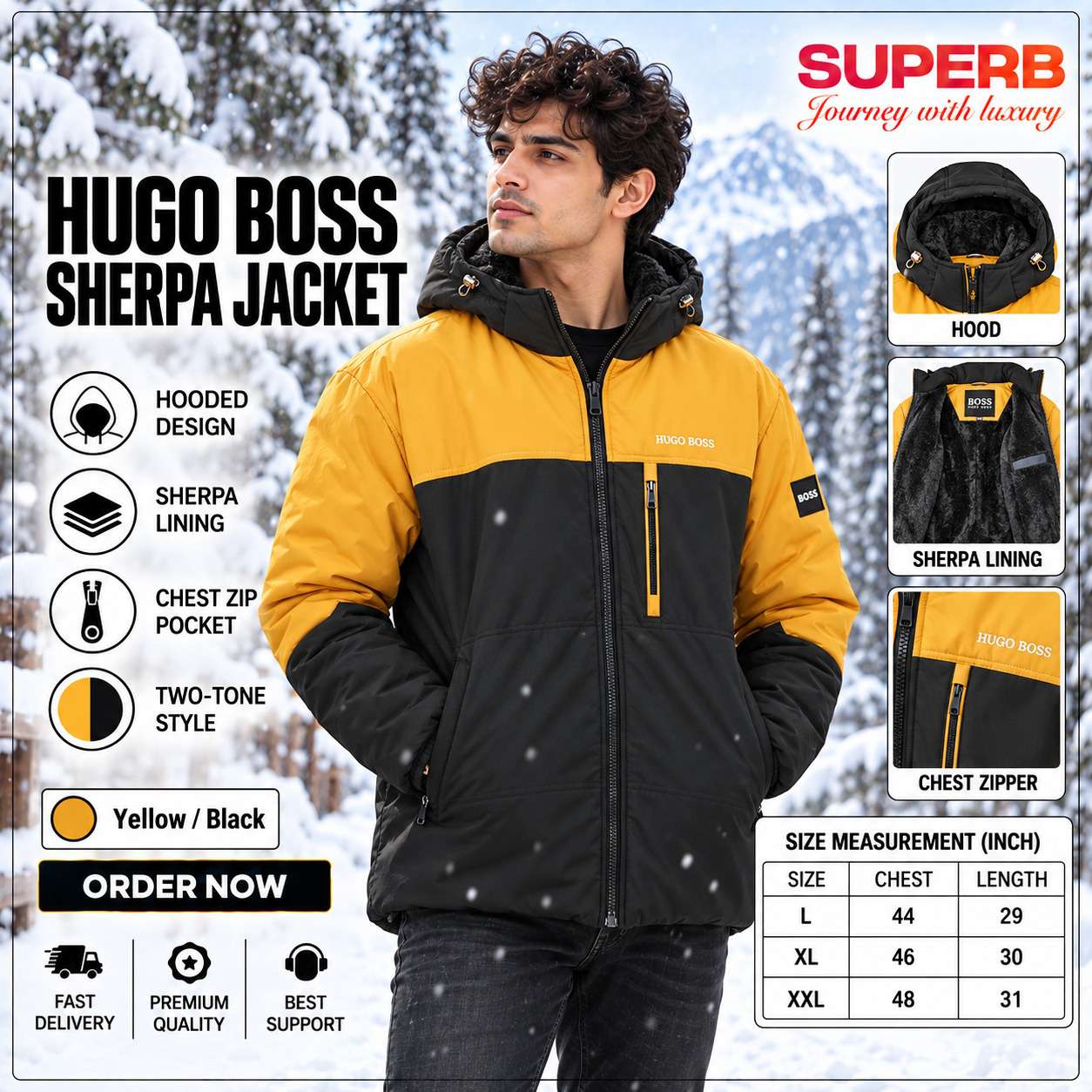 Hugo Boss Sherpa Jacket – Premium Winter Jacket || Superb Lifestyle - Black-Yellow