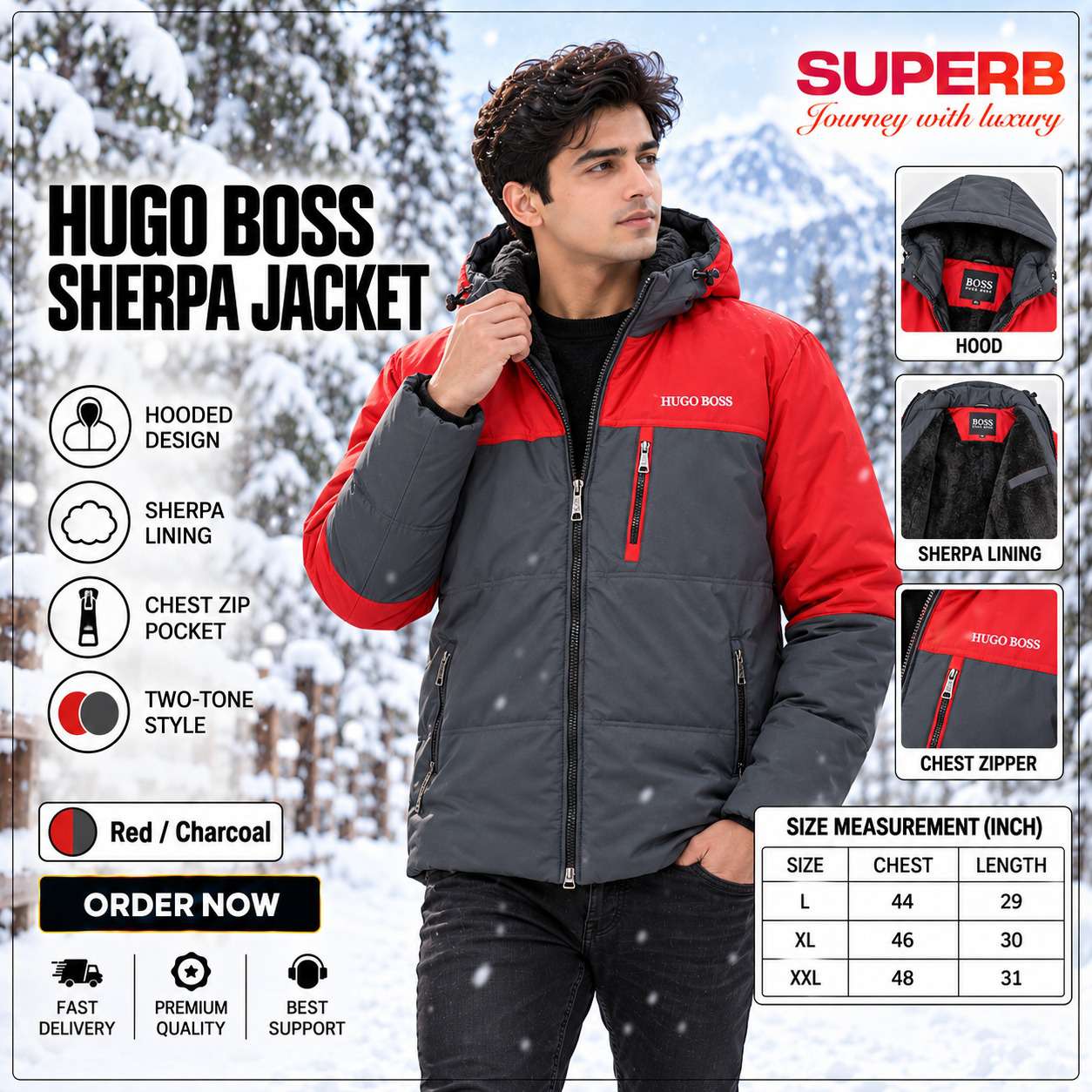 Hugo Boss Sherpa Jacket – Premium Winter Jacket || Superb Lifestyle - Red-Charcoal