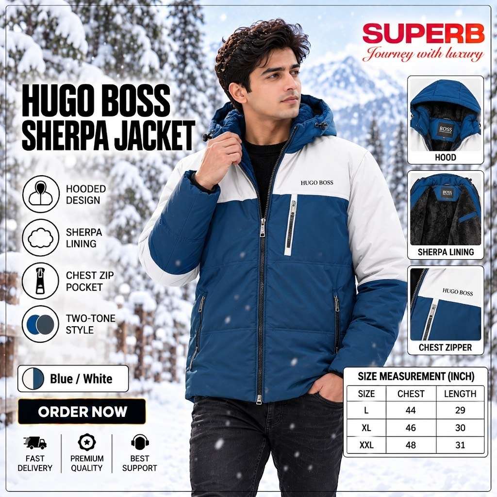 Hugo Boss Sherpa Jacket – Premium Winter Jacket || Superb Lifestyle - Blue-White