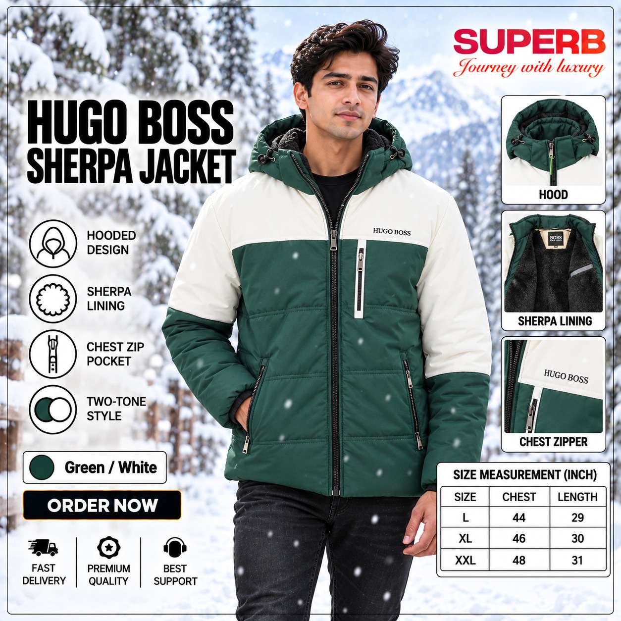 Hugo Boss Sherpa Jacket – Premium Winter Jacket || Superb Lifestyle - Green-White