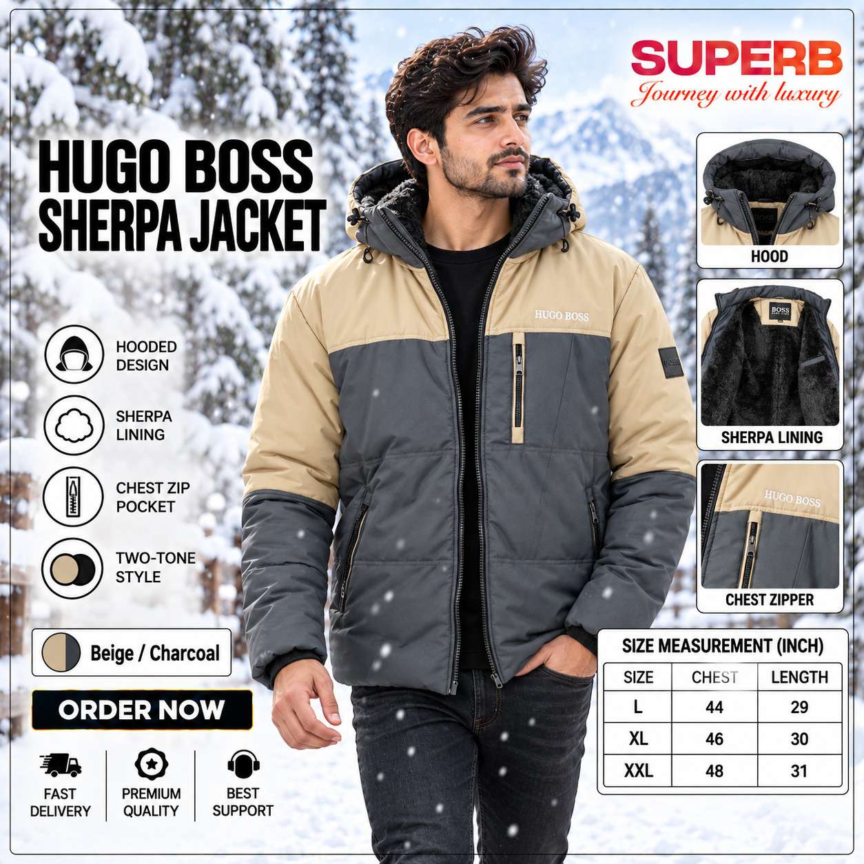 Hugo Boss Sherpa Jacket – Premium Winter Jacket || Superb Lifestyle - Beige-Charcoal